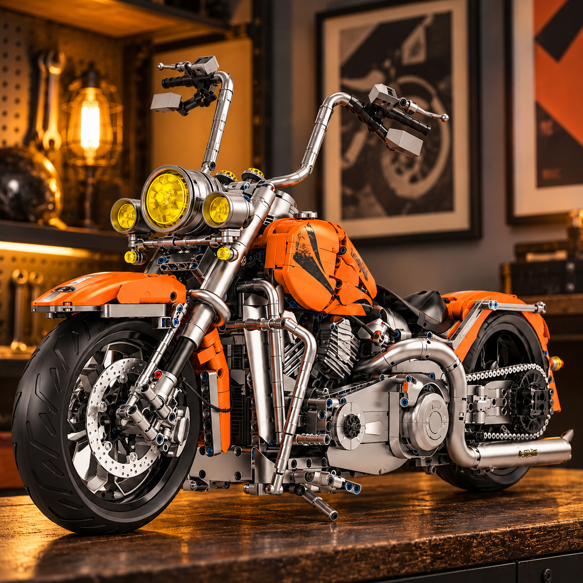 Orange and chrome brick-built motorcycle on a wooden shelf in a garage corner