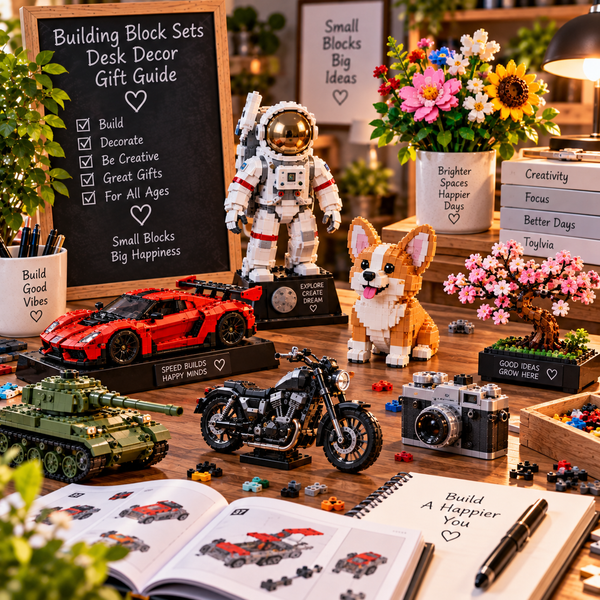 Building block sets displayed as premium desk decor in a warm creative workspace
