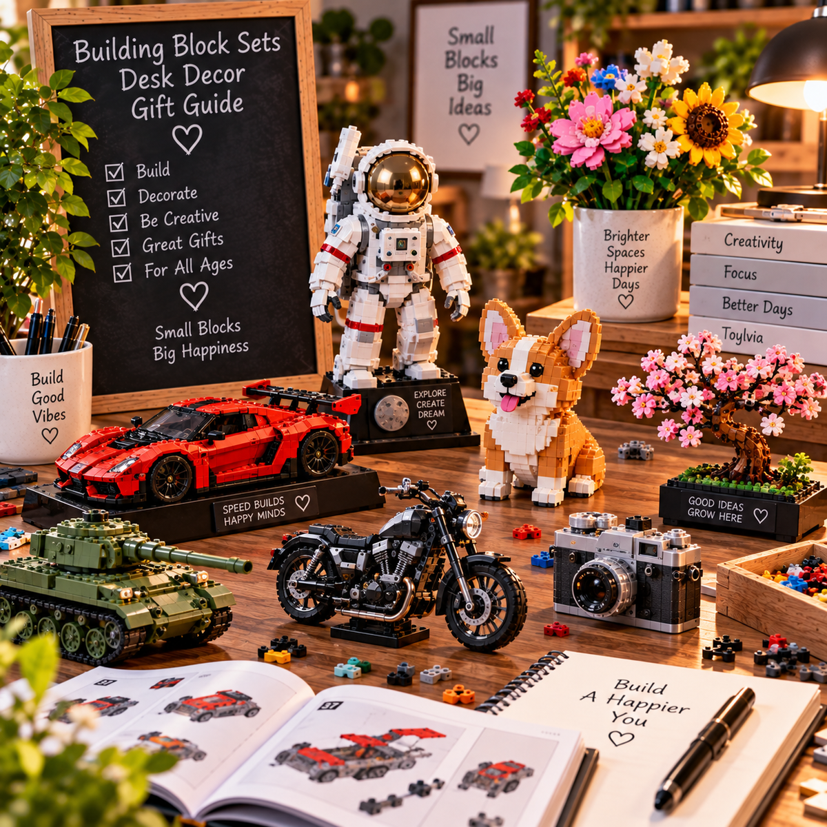 Building block sets displayed as premium desk decor in a warm creative workspace