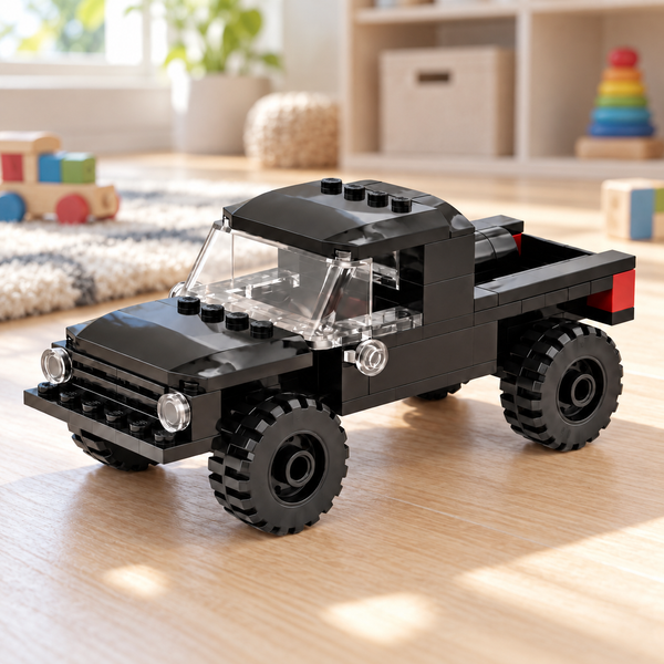 Black brick-built pickup truck on a playroom floor with soft window light