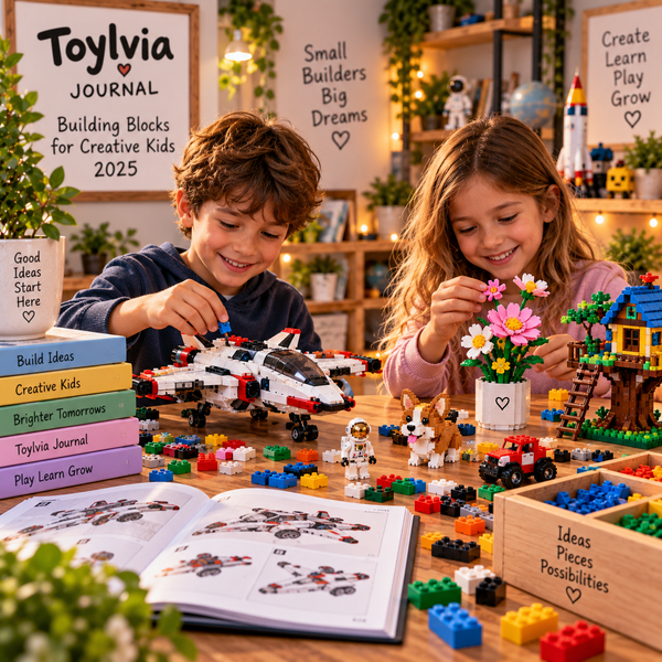 Children building colorful block creations together in a cozy creative playroom
