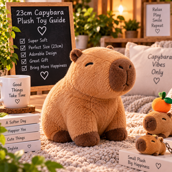 23cm capybara plush displayed in a cozy premium lifestyle scene