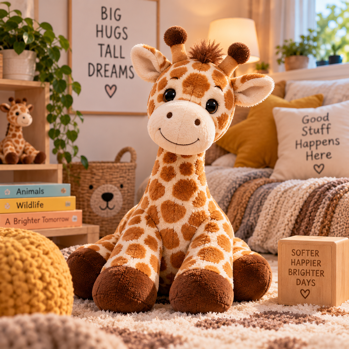 Cartoon giraffe plush displayed in a cozy warm nursery