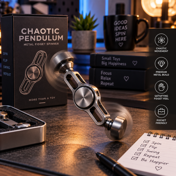Chaotic Pendulum metal fidget spinner shown in a premium cinematic desk scene