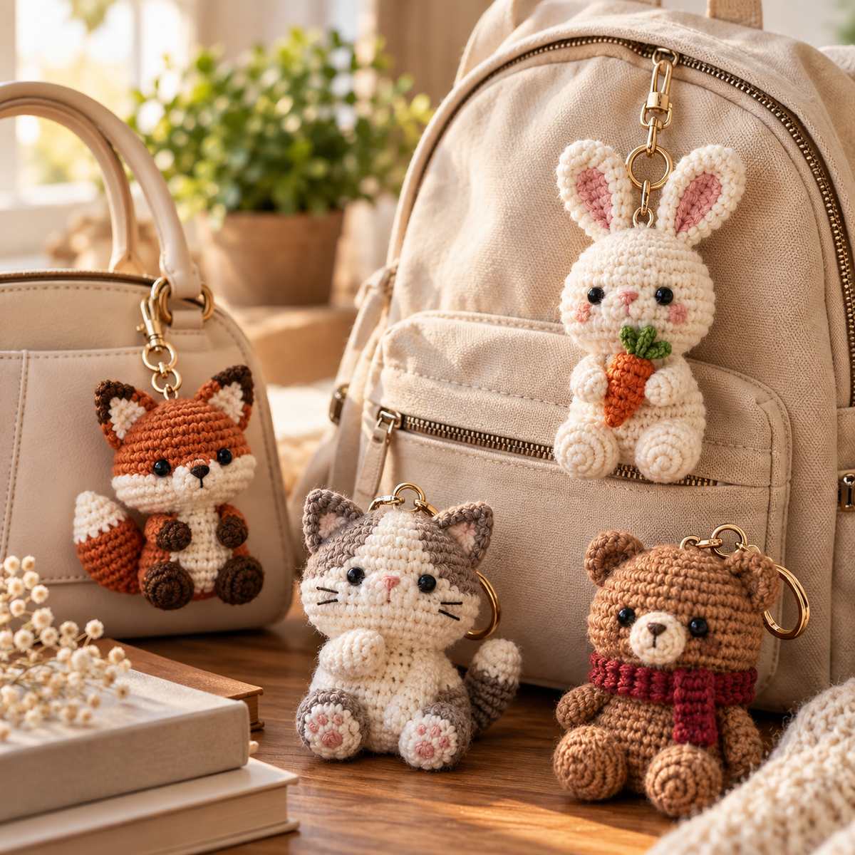 Crochet animal bag charms on handbags and backpack