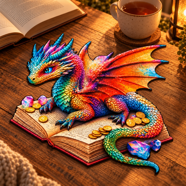 Rainbow dragon wooden jigsaw puzzle on a cosy table with tea and an open book