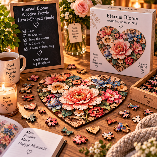Eternal Bloom heart-shaped wooden puzzle displayed in a warm floral craft scene