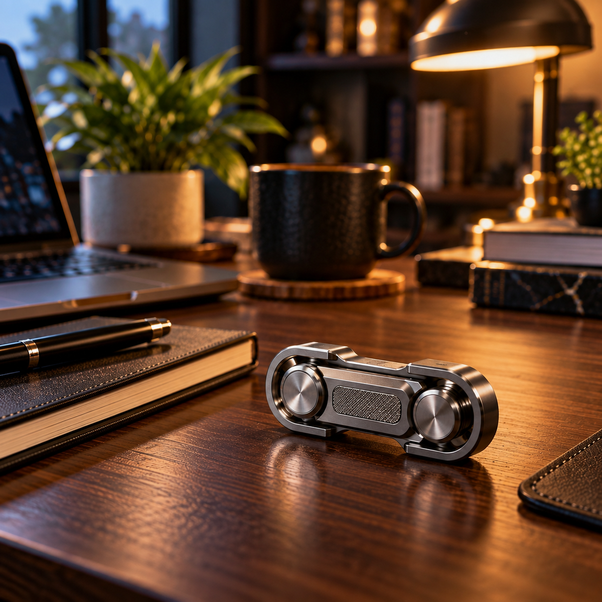 Metal magnetic fidget slider on a warm study desk