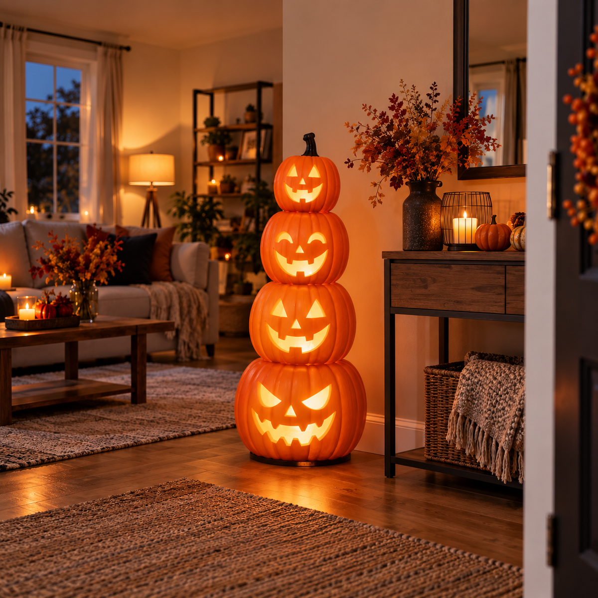 Four-pumpkin light-up tower in a cozy living room