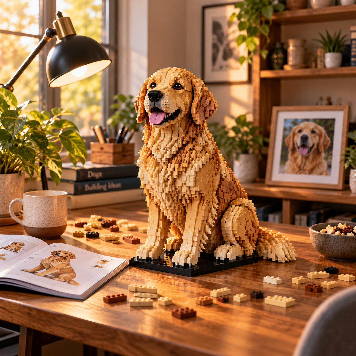 Tan block-built golden retriever model in a warm hobby workshop