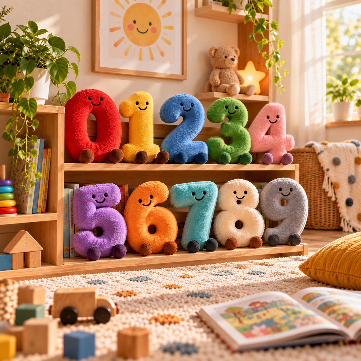 Plush number toys 0 through 9 in a bright children's playroom