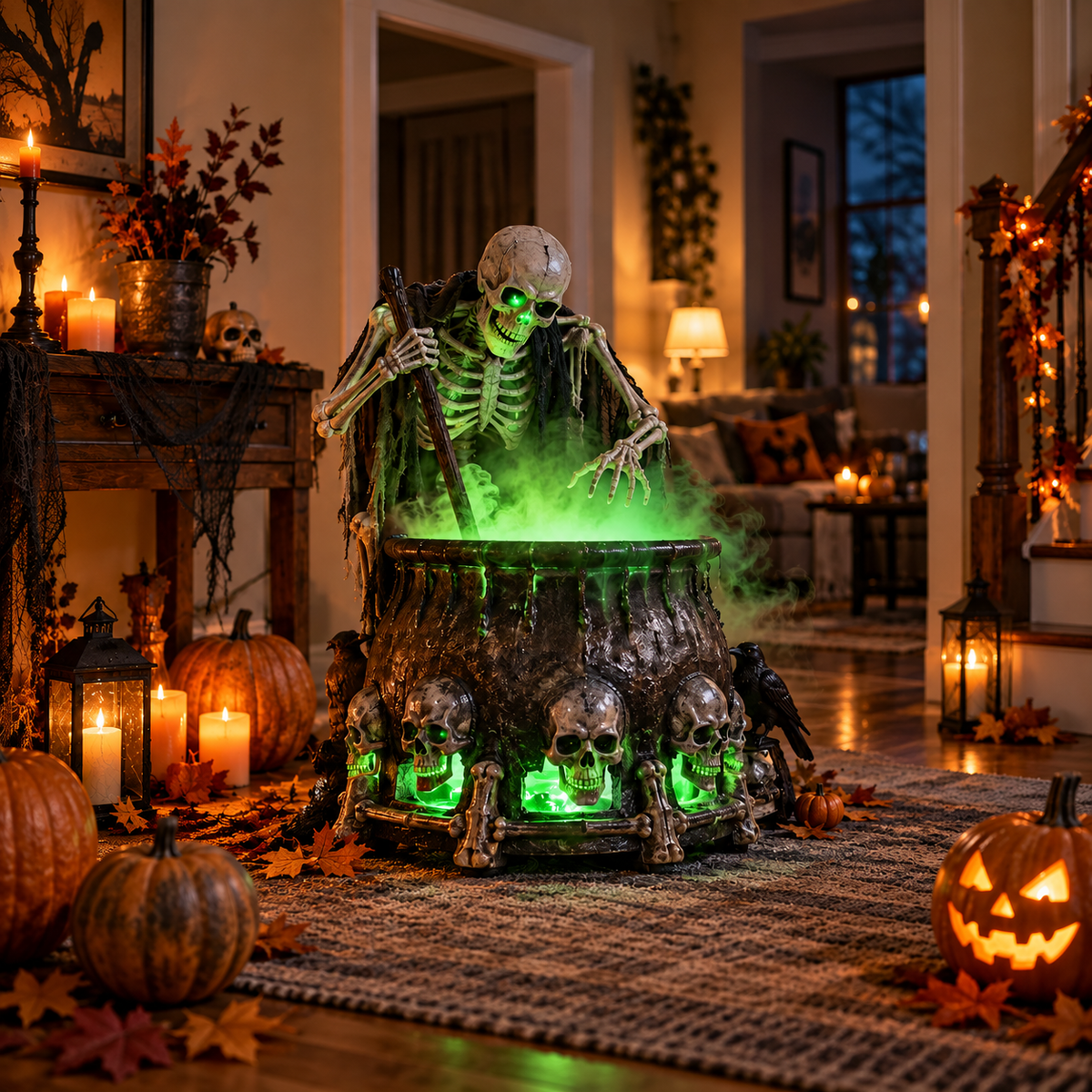 Skeleton cauldron with green light and mist in a Halloween living room