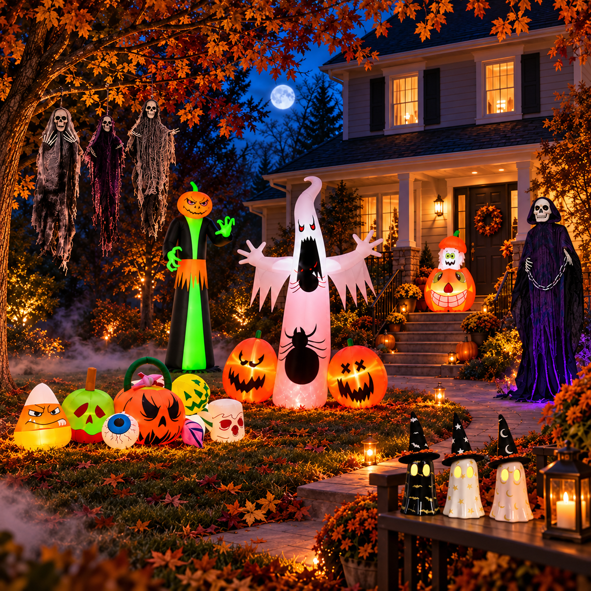 Halloween home and yard decorations at night