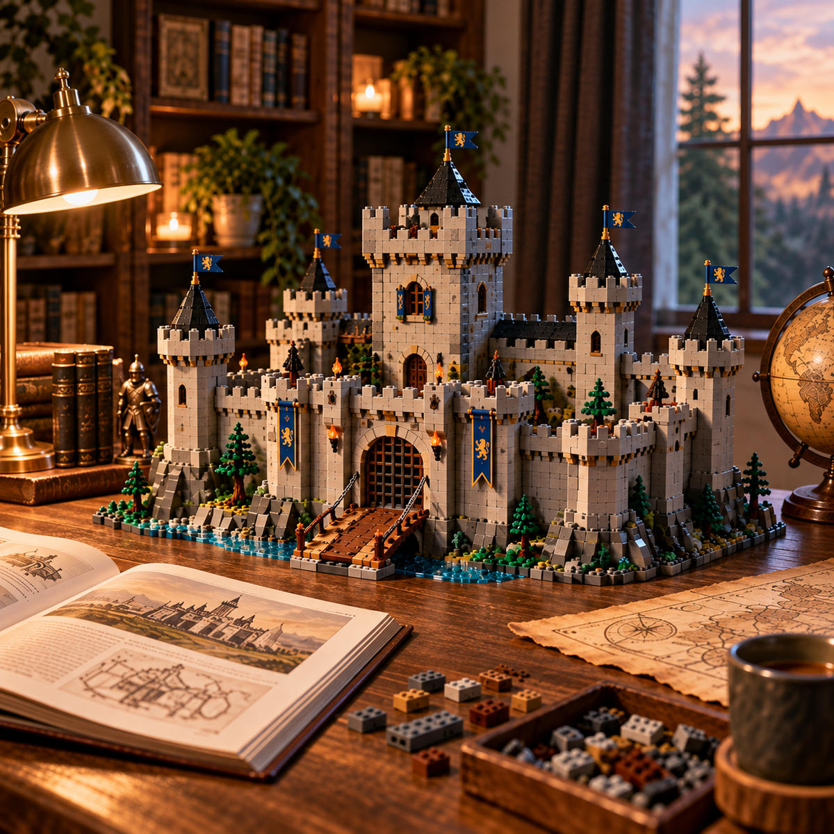 Block-built medieval fortress in a warmly lit study