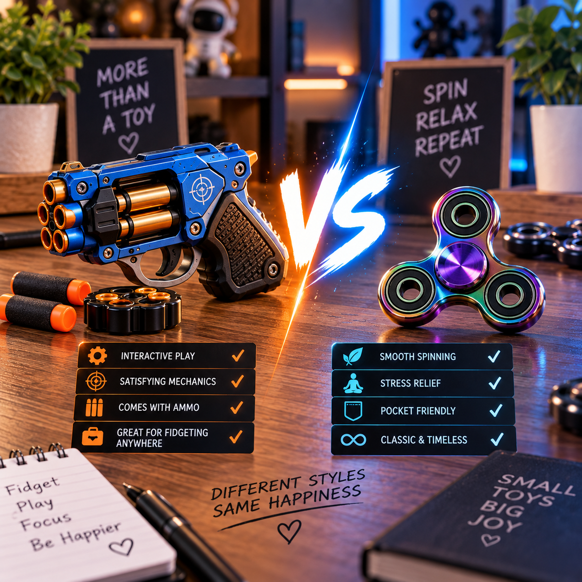 Fidget blaster and fidget spinner compared in a colorful premium desk scene
