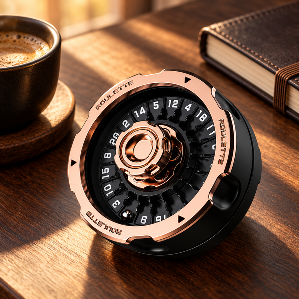 Rose-gold roulette fidget spinner on a walnut desk beside coffee and a notebook