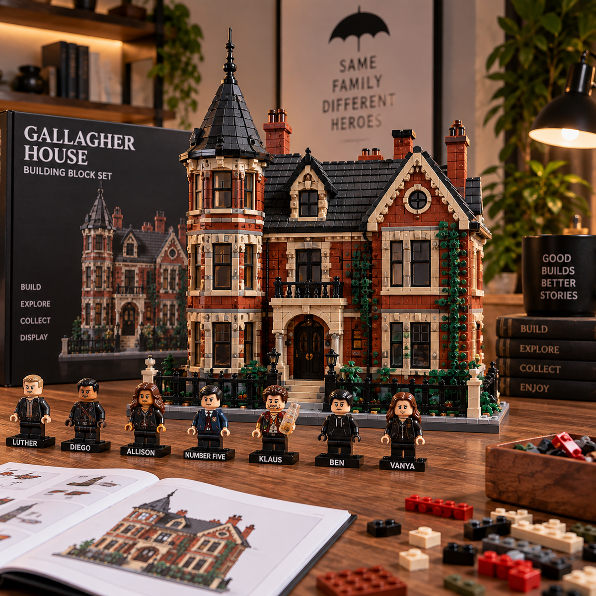 Gallagher House building block model displayed in a warm collector studio