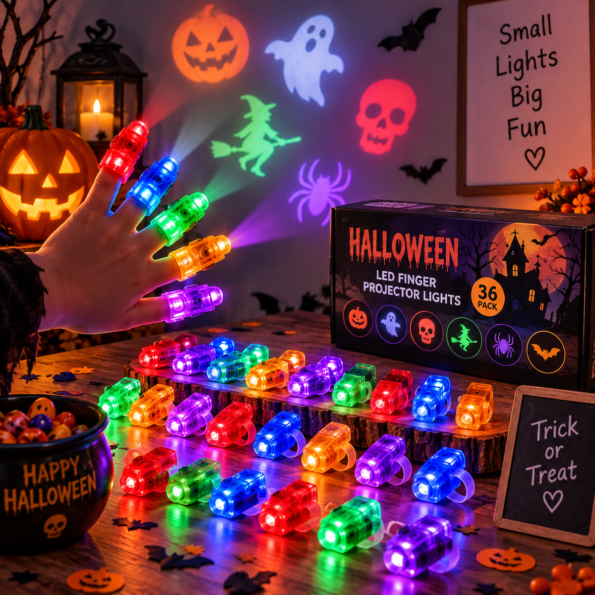 36-pack Halloween LED finger projector lights glowing in a festive display