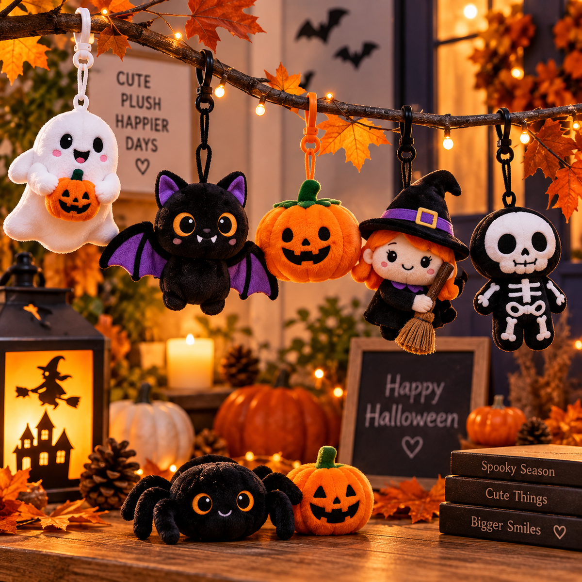Cute Halloween plush hanging ornaments displayed in a warm seasonal home decor scene
