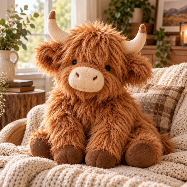 Highland cow plush toy in a warm rustic living room