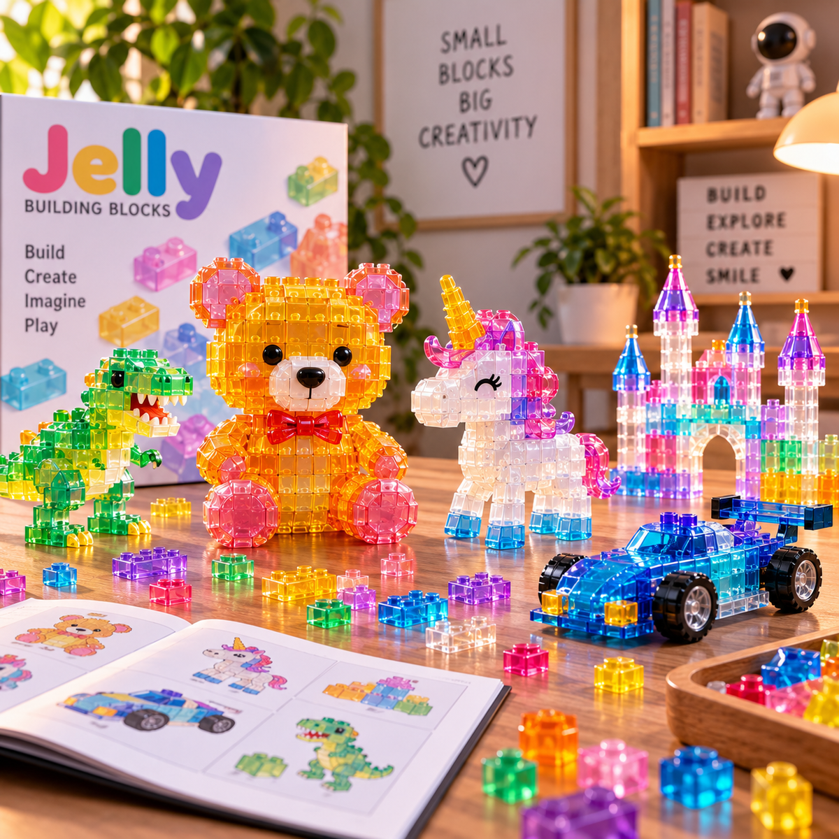 Colorful translucent jelly building blocks displayed in a warm creative studio