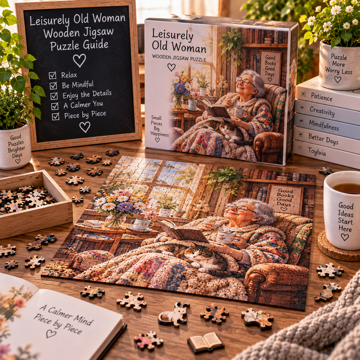 Leisurely Old Woman wooden jigsaw puzzle displayed in a cozy relaxing workspace