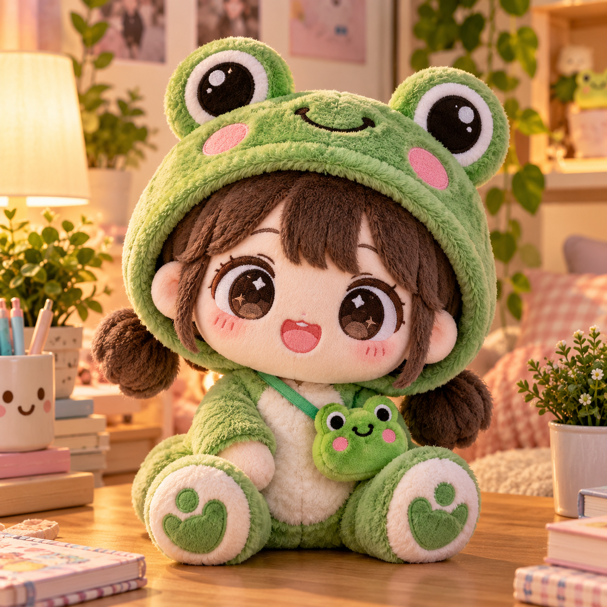 Magic Expression frog and cartoon girl plush doll in a cozy kawaii room