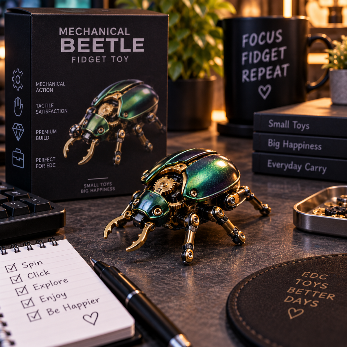 Mechanical beetle fidget toy displayed in a premium EDC desk scene