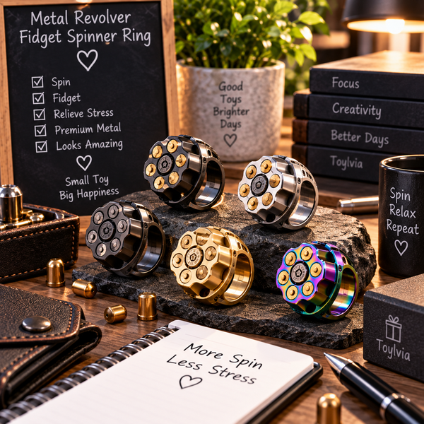 Metal revolver-style fidget spinner rings displayed in a premium EDC desk scene