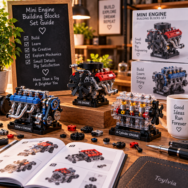 Mini engine building block sets displayed in a warm hobby workshop