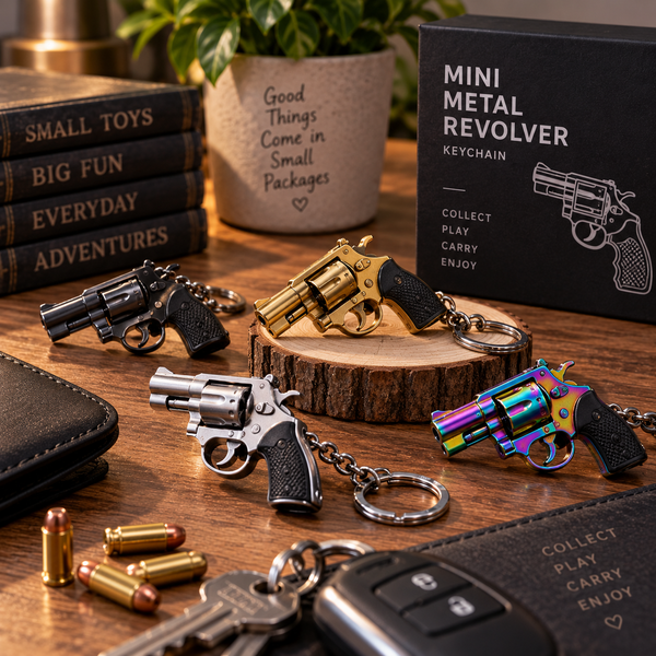 Mini metal revolver keychains displayed in a warm collector-style tabletop scene