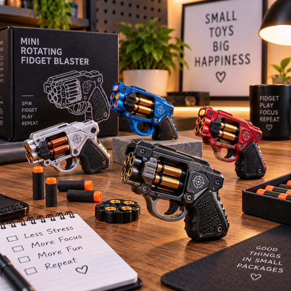 Mini rotating fidget blaster toys displayed in a warm gaming desk review scene