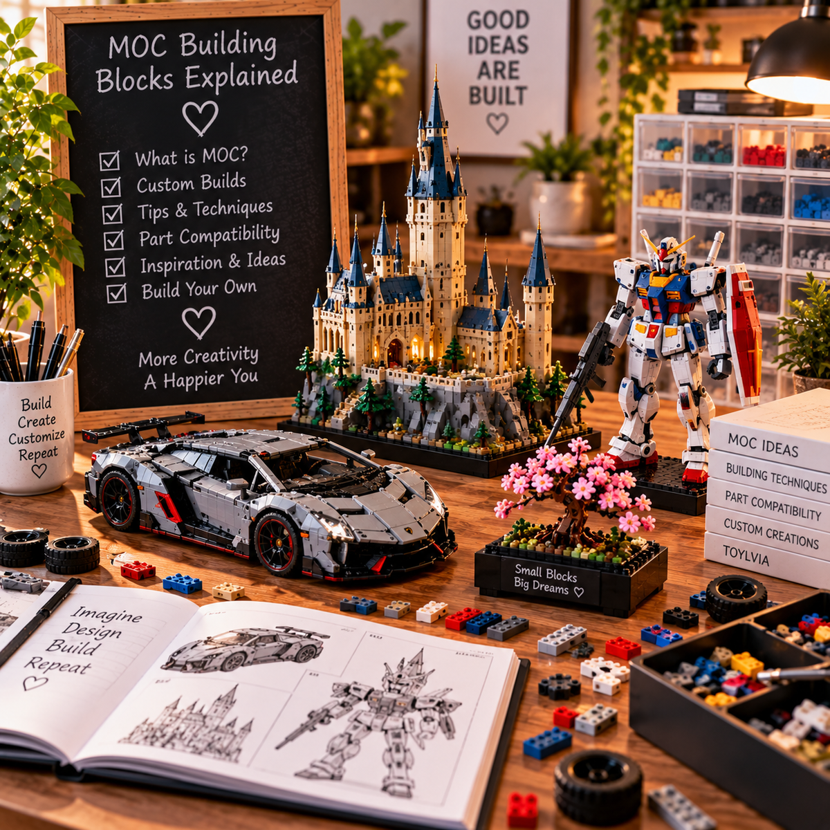 MOC building blocks displayed in a warm creative hobby workshop
