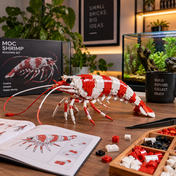MOC shrimp building block set displayed in a warm creative hobby studio