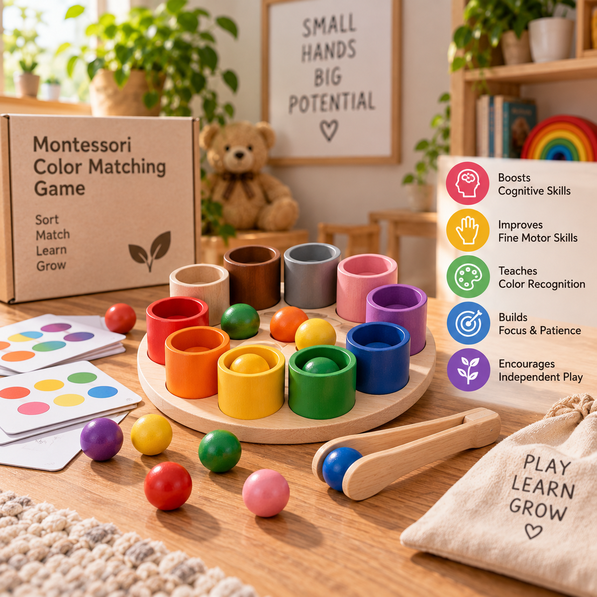 Montessori wooden color matching game in a warm educational playroom