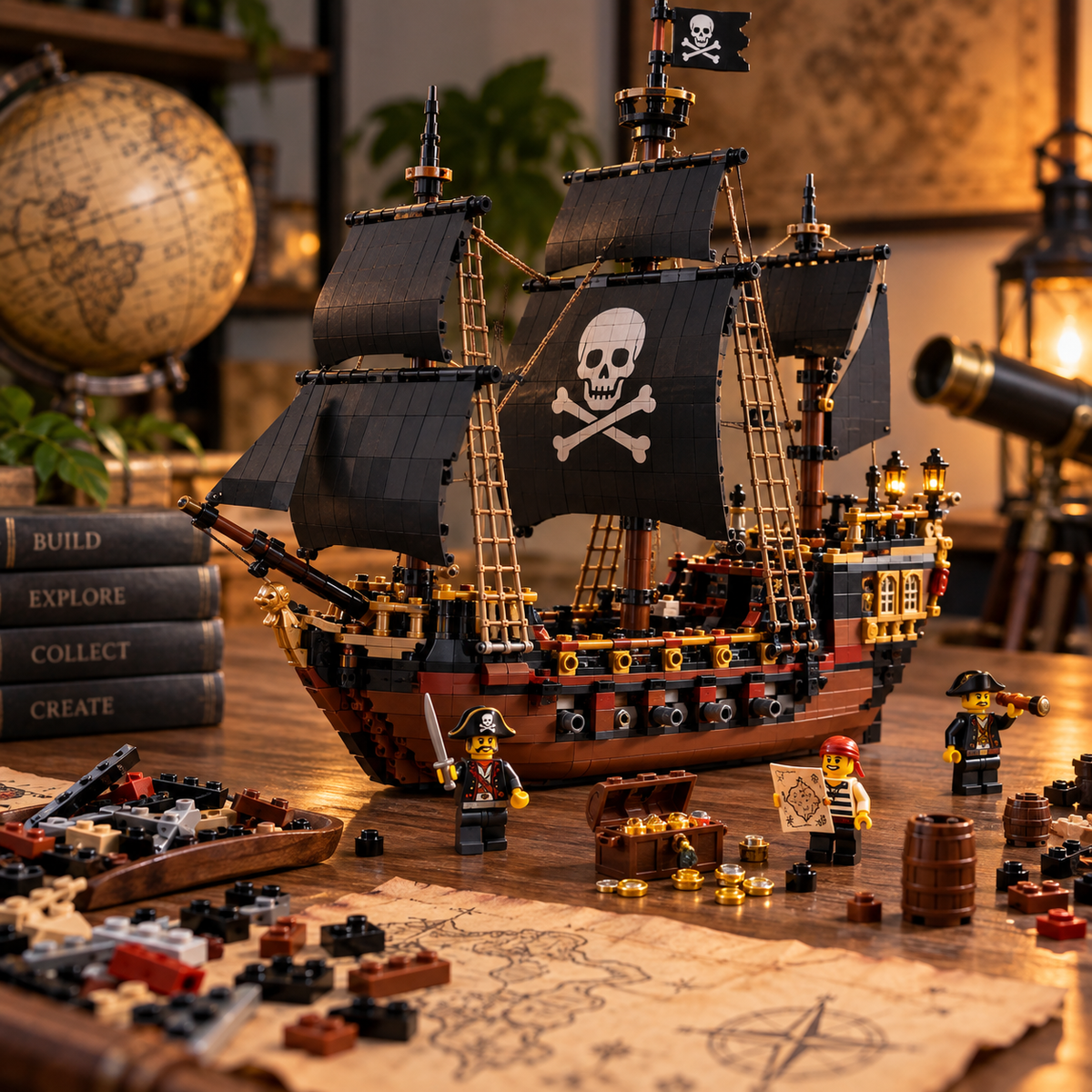 Detailed pirate ship building block set displayed in a warm nautical workshop