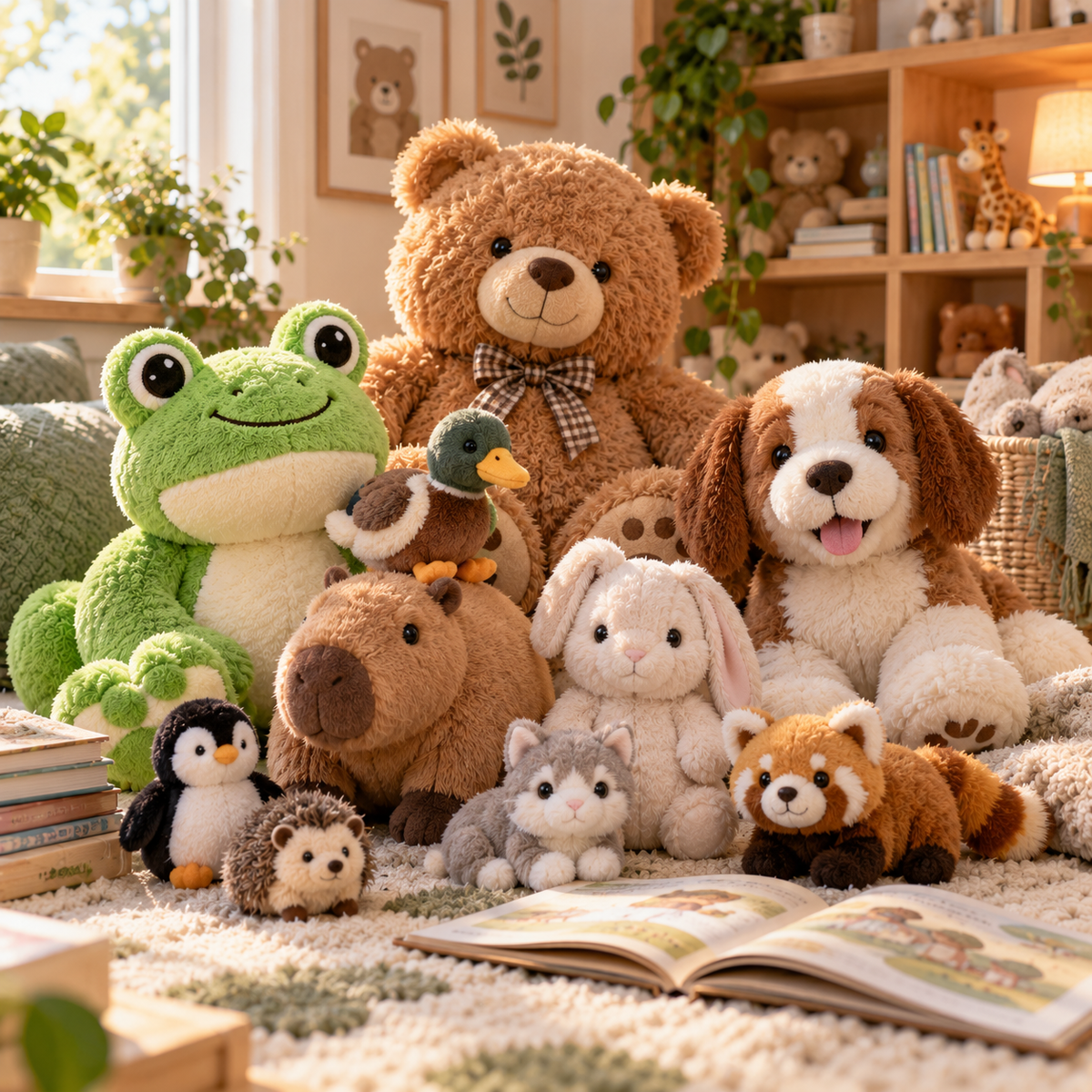 Plush animal stuffed toy buying guide with assorted animals in a cozy reading nook