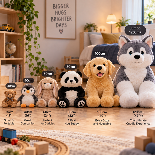 Plush toys arranged from 30cm to jumbo size in a cozy room