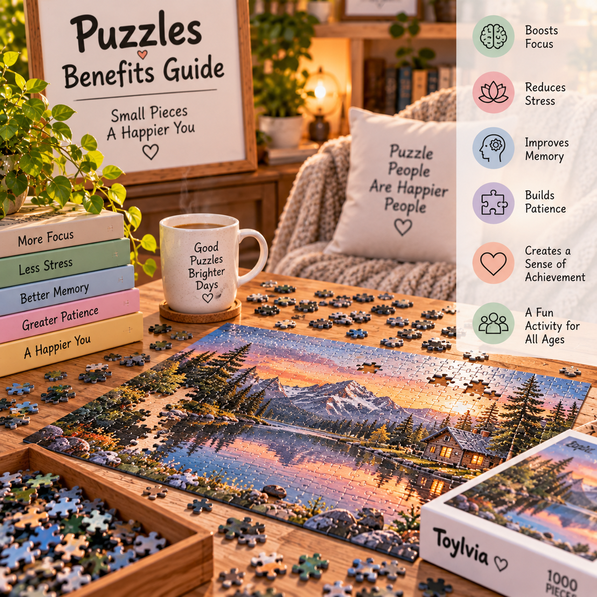 Puzzles benefits guide shown in a cozy lifestyle setting with a scenic jigsaw puzzle