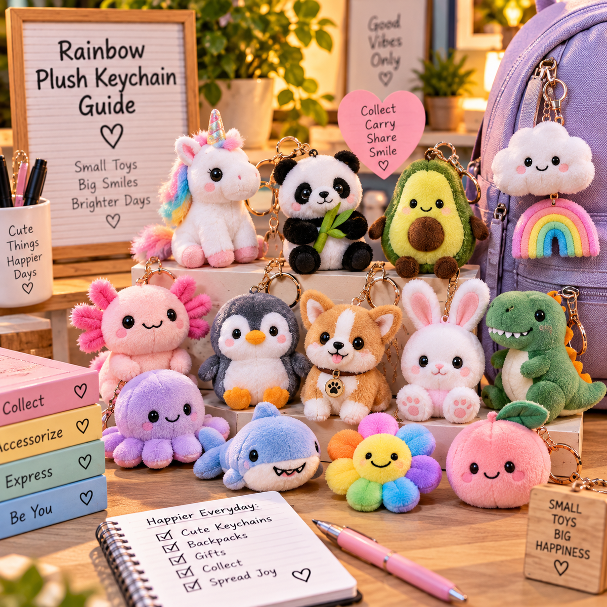 Rainbow plush keychains displayed in a cheerful lifestyle scene