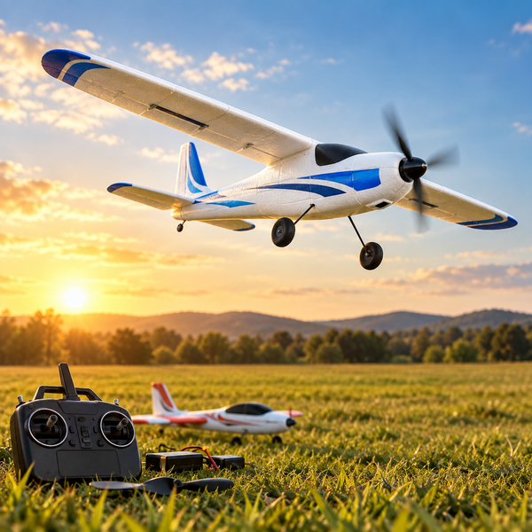 Beginner RC plane flying over an open field with a radio transmitter and foam trainer plane