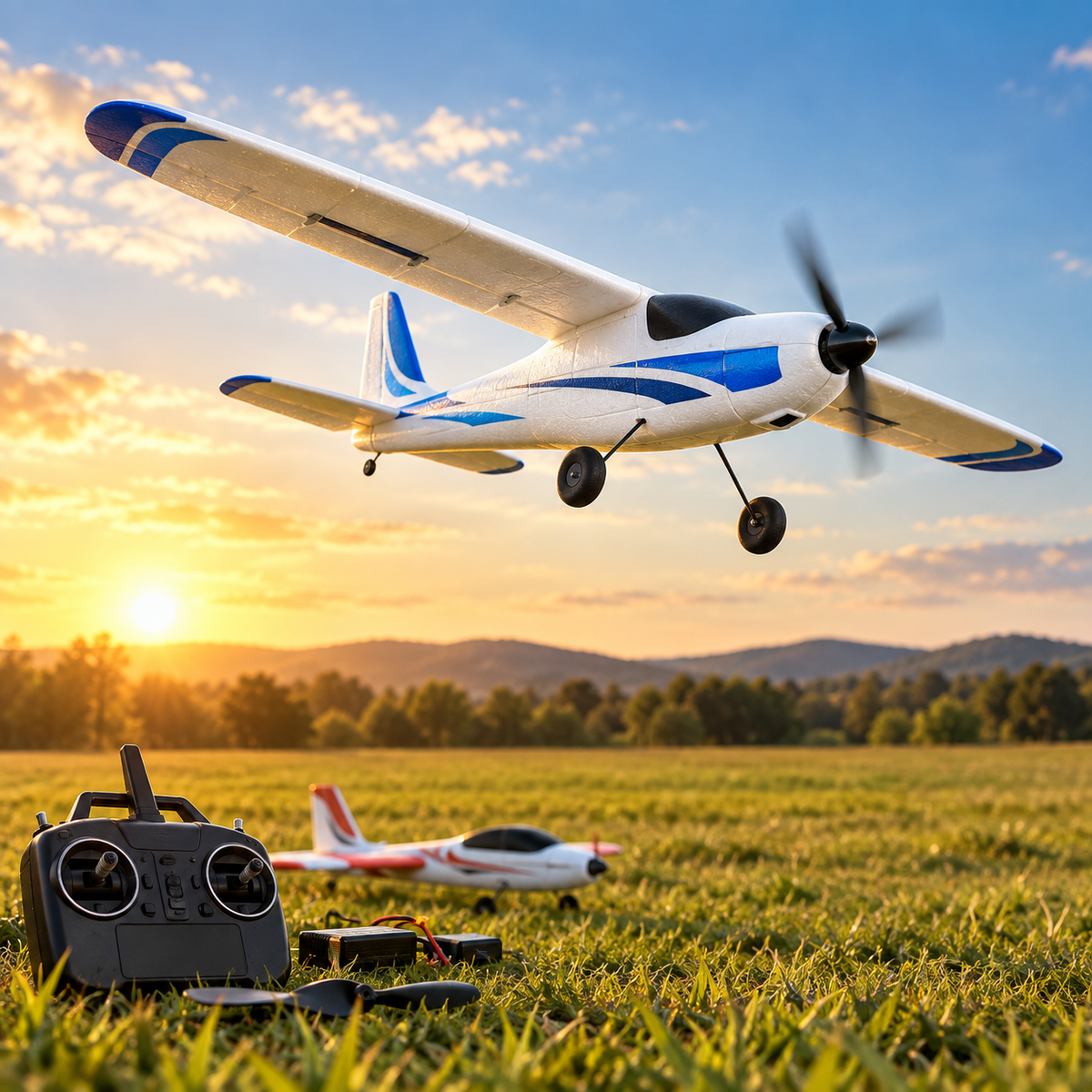 Beginner RC plane flying over an open field with a radio transmitter and foam trainer plane