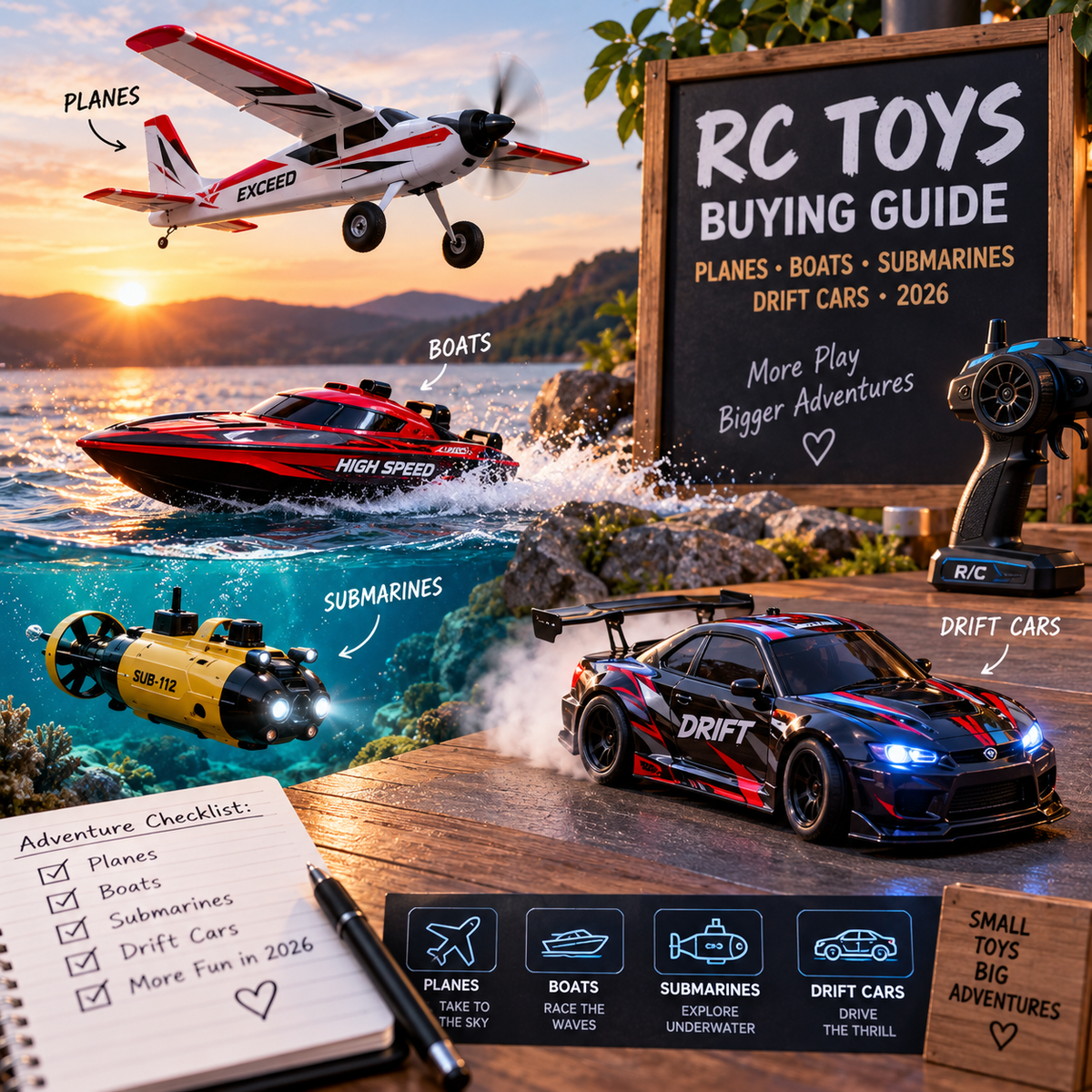 RC planes, boats, submarines and drift cars featured in a cinematic buying guide scene