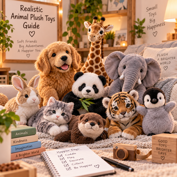 Realistic animal plush toys displayed in a cozy lifestyle room