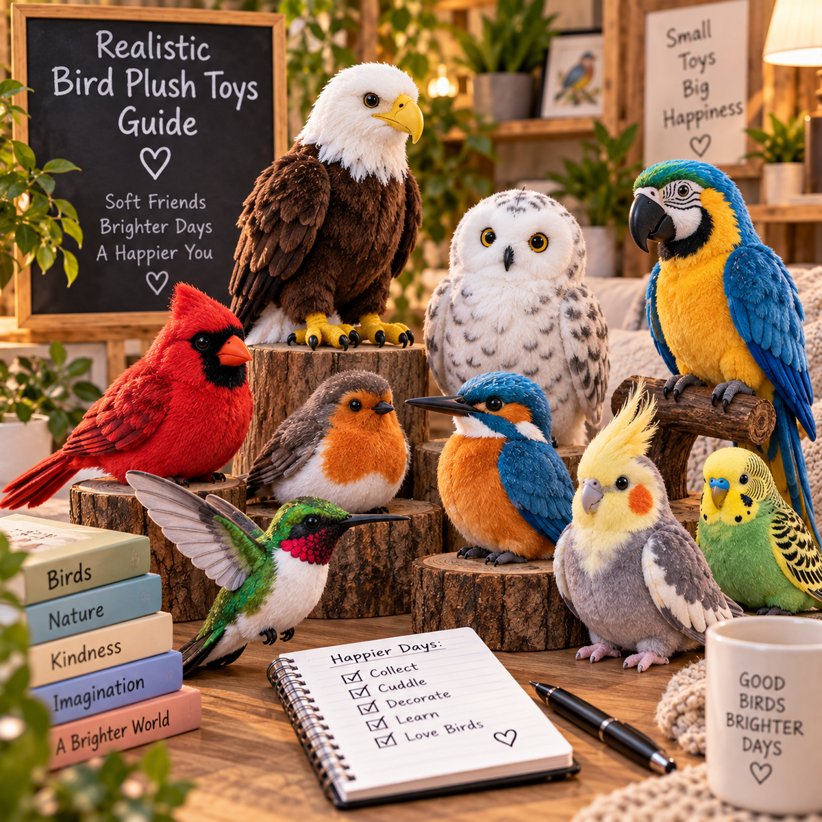 Realistic bird plush toys displayed in a cozy nature-inspired lifestyle scene