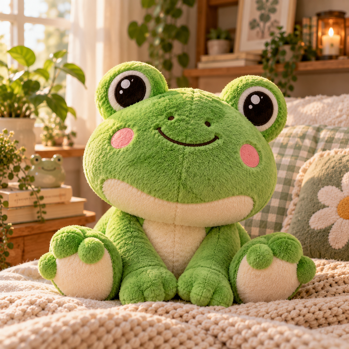 Cute Ribbit green frog plush toy in a cozy cottagecore room