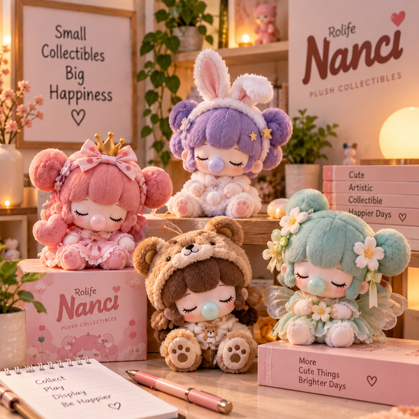 Rolife Nanci plush collectibles displayed in a cozy pastel collector studio