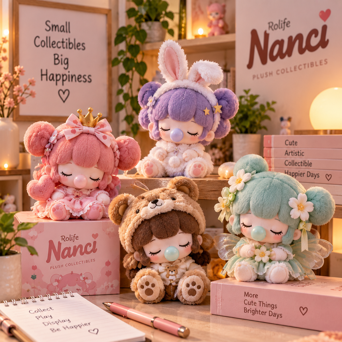 Rolife Nanci plush collectibles displayed in a cozy pastel collector studio