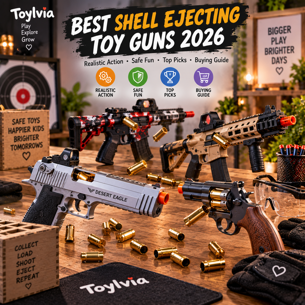 Shell ejecting toy blasters displayed in a premium toy guide scene with safety-focused styling
