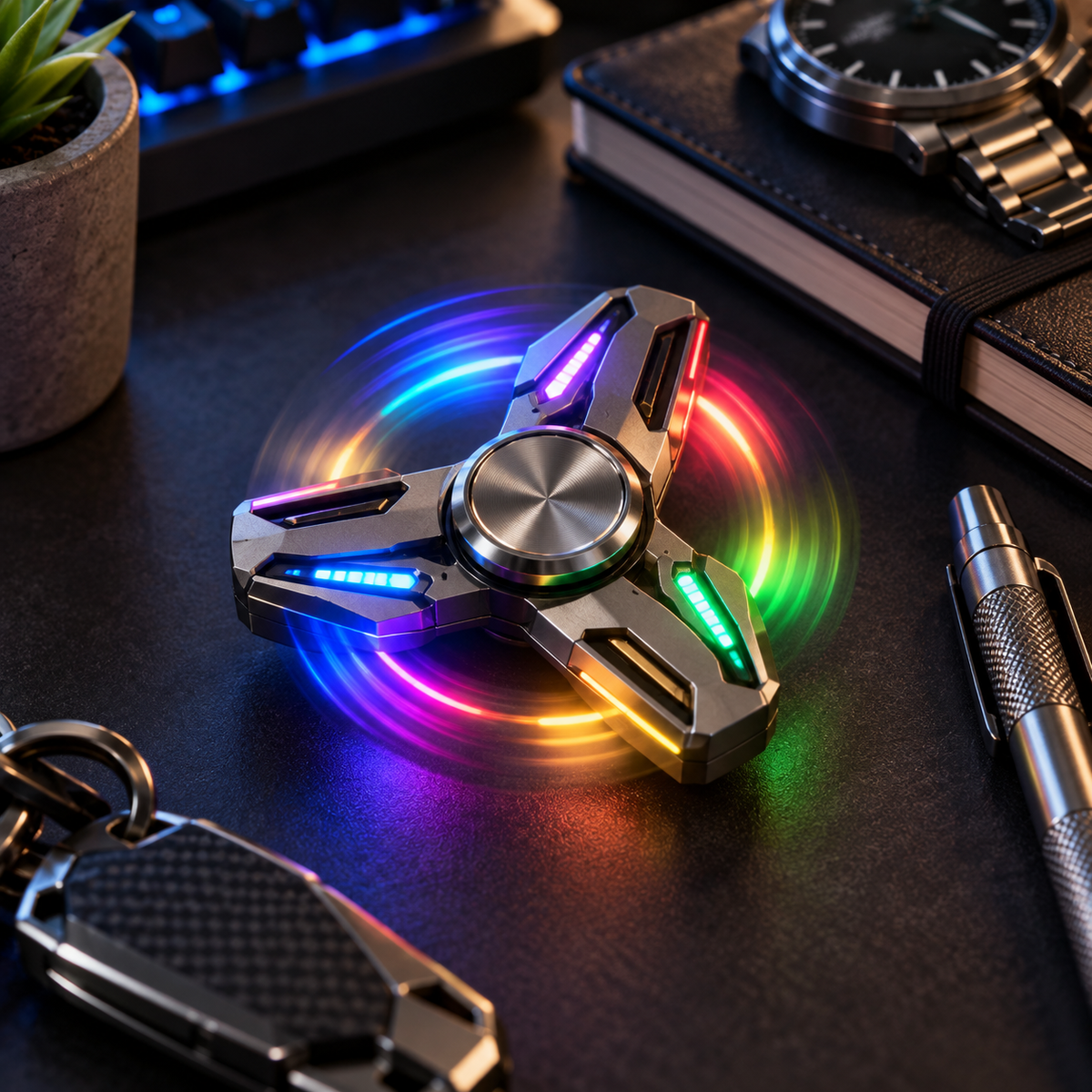 Star Soldier metal LED fidget spinner with rainbow light effects on a modern EDC desk